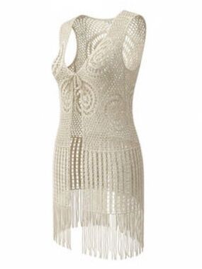 Cream Crochet Fringe Cover-Up Dress Vest